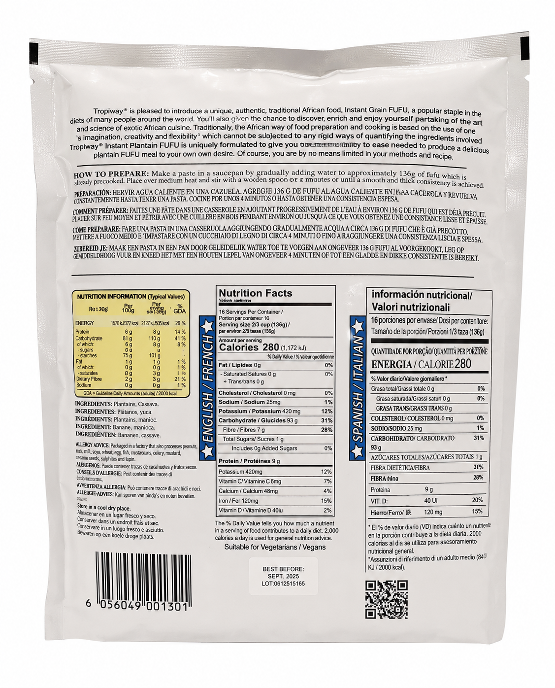 Fufu, Plantain Flour (5lbs, 80oz) Amala, Pounded Yam, Foutou, Foufou, Kwanga, Akumé (Tropiway)
